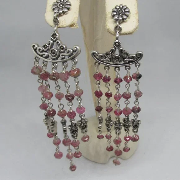 Natural Garnet and Marcasite Gemstones Chandelier Earrings 925 - Picture 3 of 7